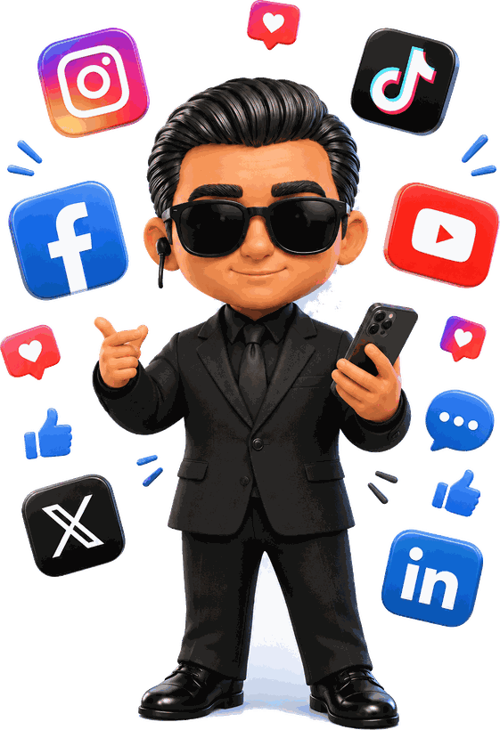 Mascotte Men In Bot entourée des logos Instagram, TikTok, Facebook,
                YouTube, X et LinkedIn