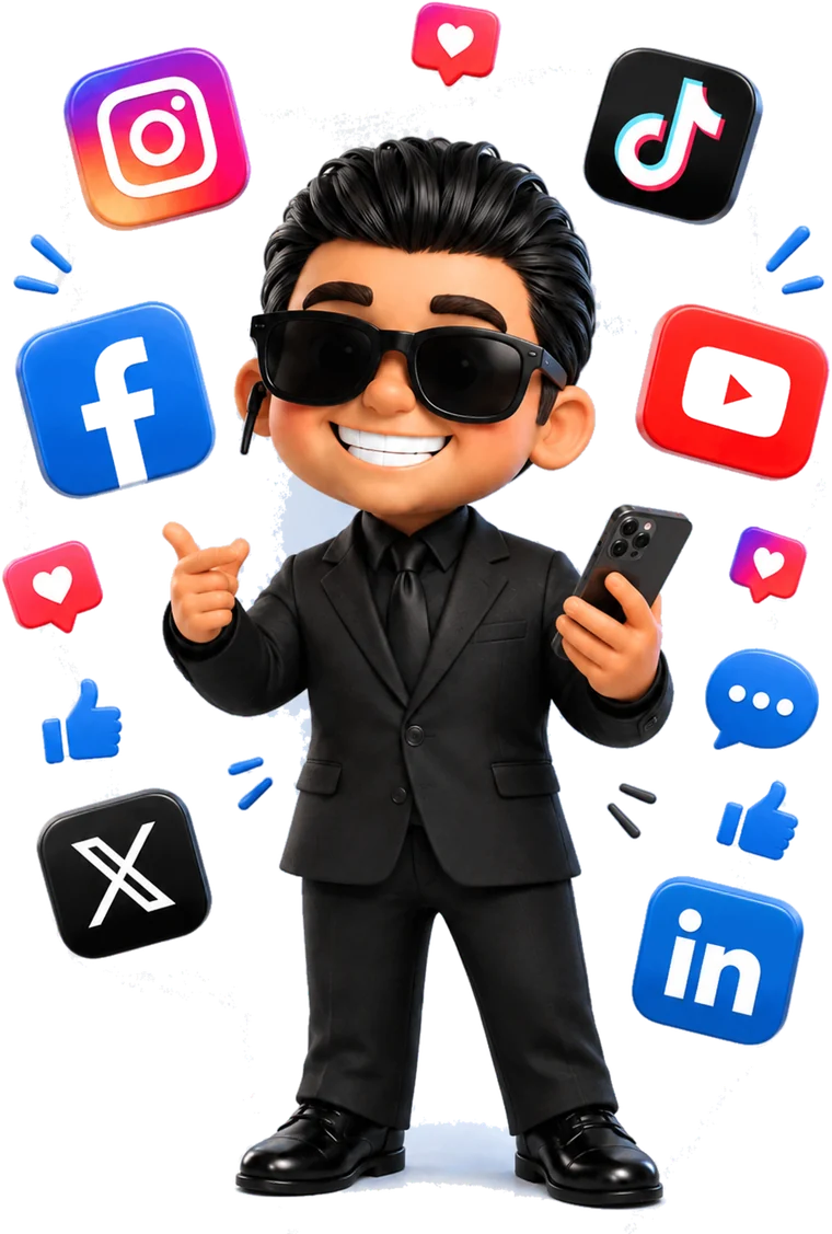 Mascotte Men In Bot Agency entourée des logos Instagram, TikTok, Facebook,
                YouTube, X et LinkedIn