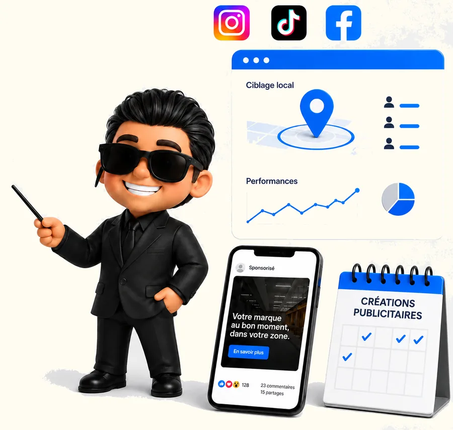 Ciblage local, suivi des performances et créations publicitaires pour Instagram, TikTok et Facebook