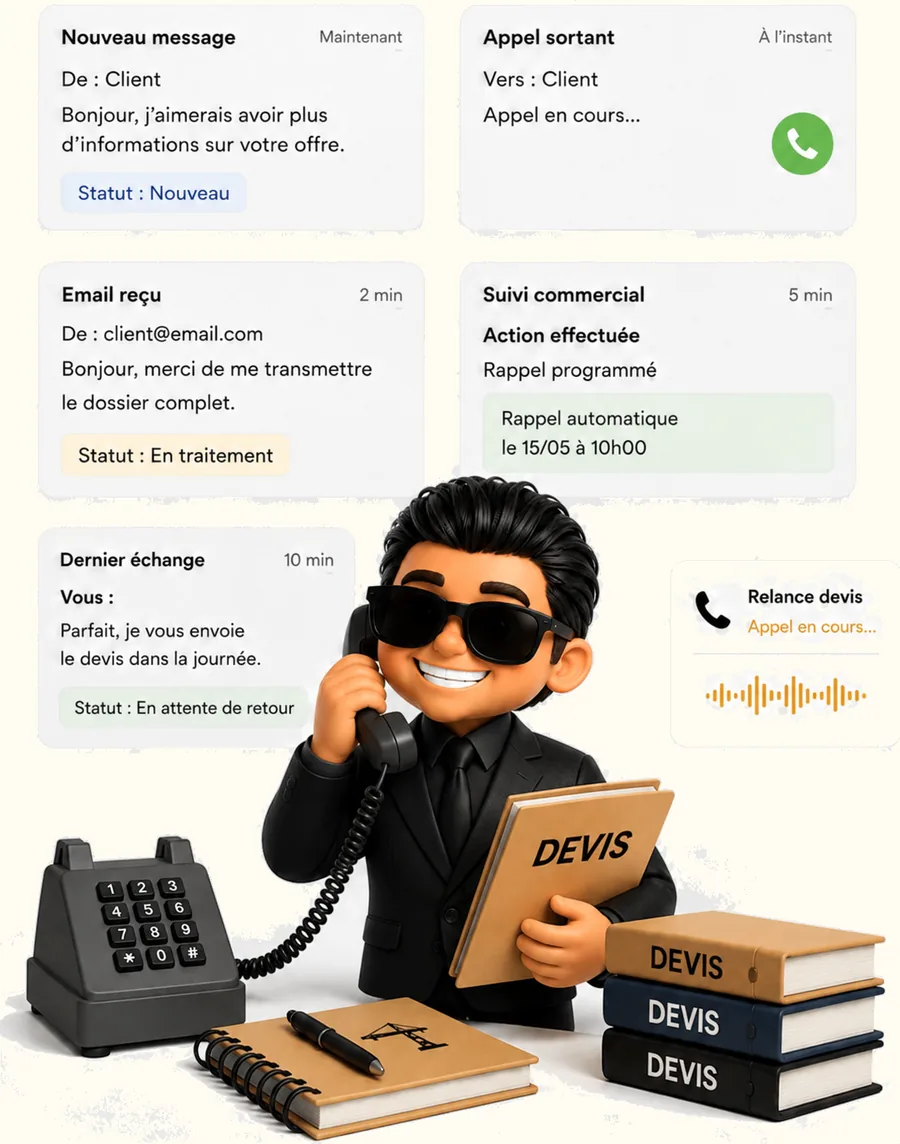 Messages, appels et e-mails d'un client centralisés, avec relance de devis programmée